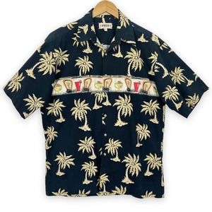 Vintage Hawaiian Shirt Cocktails tiki drinks Palm Trees Cotton Korea midcentury